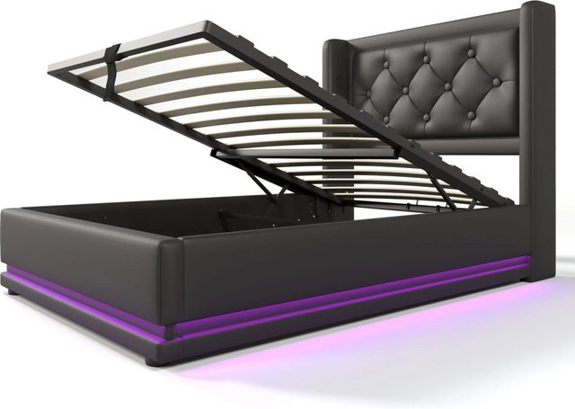 Merax Polsterbett aus Kunstleder mit LED-Beleuchtung, USB-C Ladeport und hydraulischem Lift-up-System, Schwarz, B/T/H: 90 x 200 x 36,12 cm - Bild 1