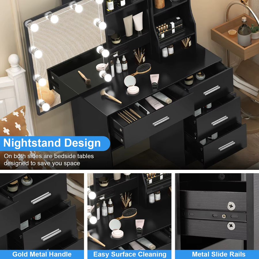 Schminktisch onesaimei in Schwarz Matt mit Hollywood LED-Spiegel und modernem Design, Breite: 130,0 cm, Höhe: 80,0 cm - Bild 2