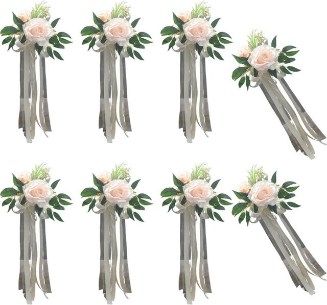 6er Set weiße künstliche Rosen-Blumenstuhldekoration mit Bändern für Hochzeiten und Kirchenbänke - Bild 1