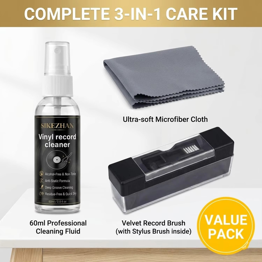 SIKEZHAN Professionelles Vinyl-Schallplatten-Reinigungsset mit 60ml Alkoholfreiem Spray, Antistatischer Samtbürste und Reinigungstuch für LP-Plattenspieler - Bild 2