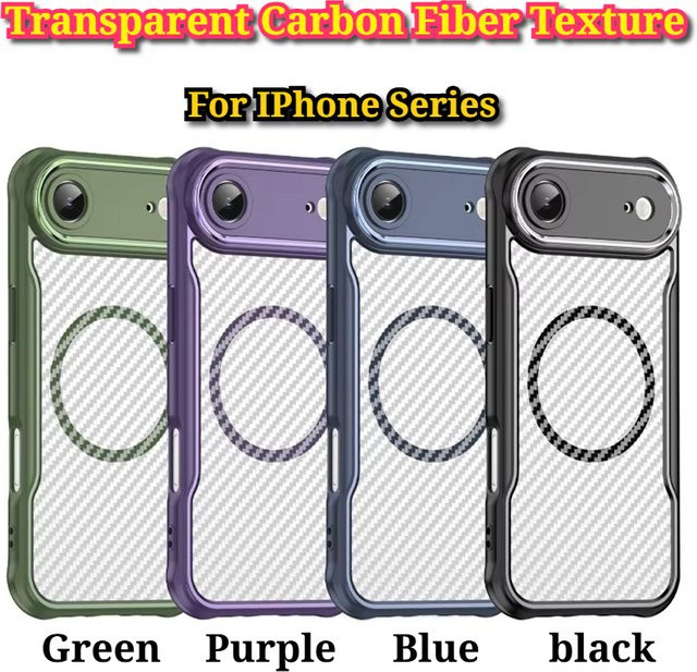 Magnetische iPhone Hülle mit Kohlefaser-Textur in Transparent oder Blau, Anti-Fall Schutzhülle aus TPU und PC für Apple iPhone 17 Air 16E 15 14 Plus 13 12 11 Pro Max - Bild 1