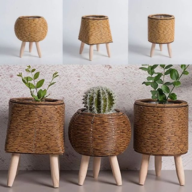 Rattan Blumentopf in Boho-Design mit abnehmbaren Beinen, braun, Durchmesser: 21,5 cm, Höhe: 14,0 cm - Bild 1
