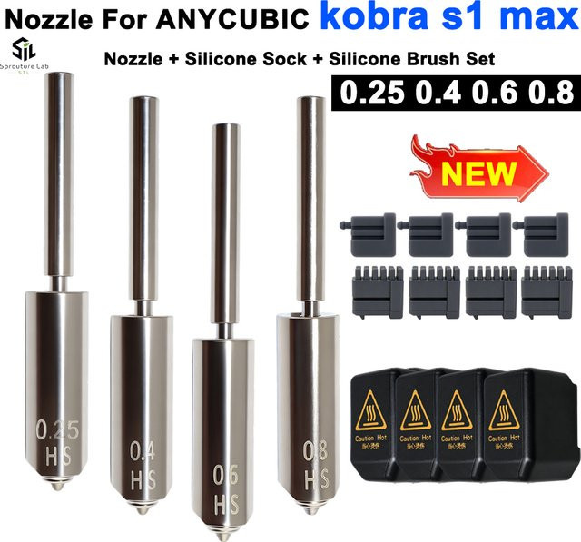 Anycubic Ersatzset für Kobra S1 Max 3D-Drucker mit Düsen aus gehärtetem Stahl in 0,25/0,4/0,6/0,8 mm, Düsenwischer und Silikonhülle, Farbe: Silber - Bild 1