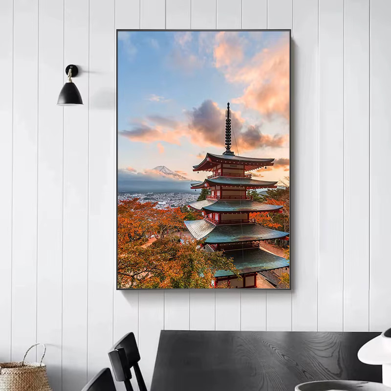 Potdemiel Leinwandposter Japanische Landschaft mit Mount Fuji, Kirschblüten und Tempel in Mehrfarben - Bild 4