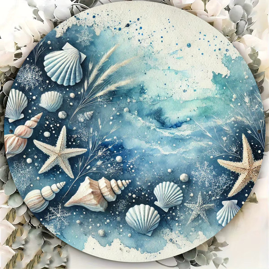 Potdemiel Rundes Metall-Wandschild mit Maritimem Muschel-Motiv in Blau, Durchmesser: 20,32 cm - Bild 3