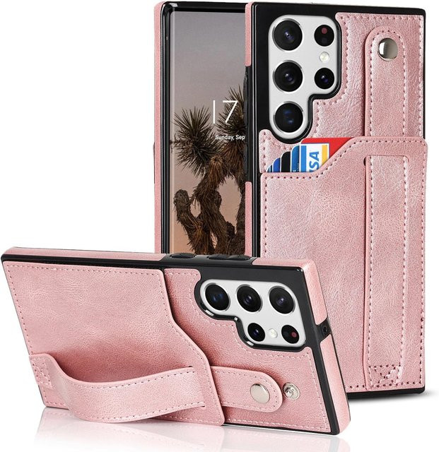 Leder-Telefonhülle mit RFID-Kartenhalter und Handgelenkschlaufe für Samsung Galaxy S24 Ultra S23 Plus S22 S21 FE S20 Note20 A53 A52 A73 5G in Rose Gold - Bild 1