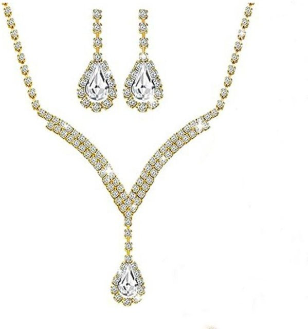 Ohrring-Set Halskette, Wassertropfen-Anhänger, Gold, Kupfer, Zirkonia, Kristall, Damen - Bild 1