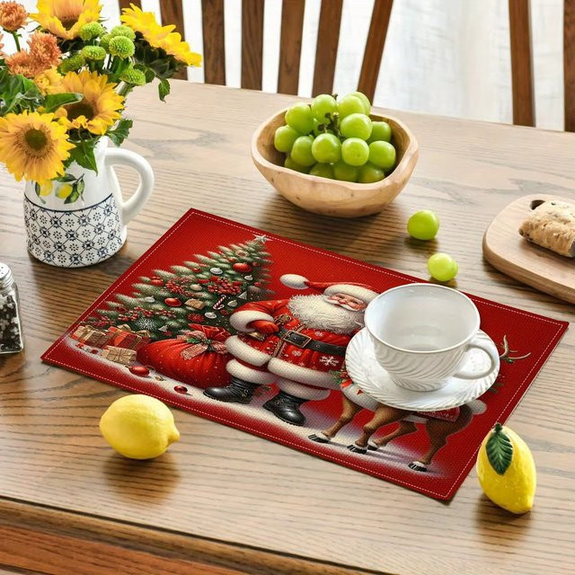 VIKAMA 4er Set Weihnachts-Tischsets mit Weihnachtsmann- und Rentier-Motiv in Rot mit Schneeflockenmuster, B/T: 45 x 30 cm - Bild 1