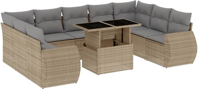 vidaXL 10-tlg. Garten-Sofagarnitur in L-Form aus Poly-Rattan mit Kissen in Beige-Grau - Bild 1