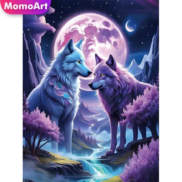 Momoart Diamantgemälde Wolf und Mond als DIY Mosaik-Set, Mehrfarbig, Durchmesser: 30 cm - Bild 1