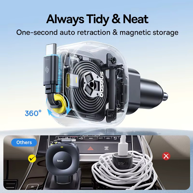 Baseus 45W Autoladegerät mit integriertem einziehbarem Kabel in Schwarz für iPhone, Samsung, Xiaomi und HUAWEI - Bild 4