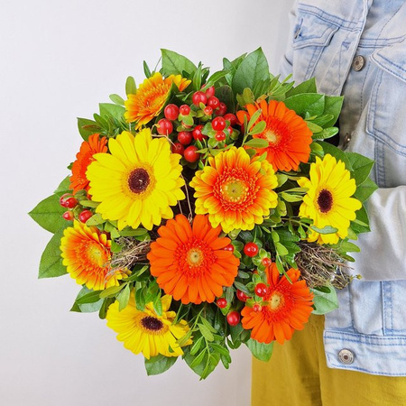 Gerbera Bouquet Multicolor zum Geburtstag mit Greenery