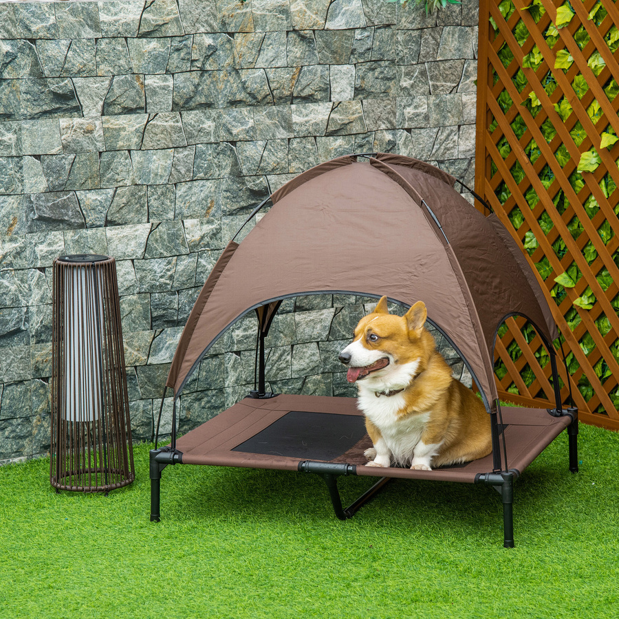 PawHut Erhöhtes Hundebett für Outdoor und Garten mit Baldachin aus atmungsaktivem Taftstoff in Kaffee, B/T/H: 92 x 76 x 90 cm - Bild 2