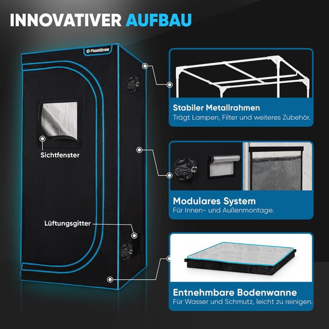 PlantiGrow Growbox Komplettset Indoor Gewächshaus mit 150W dimmbarem LED Vollspektrum Licht, Carbon-Filter und Ventilator in Schwarz, B/T/H: 80 x 80 x 180 cm - Bild 1