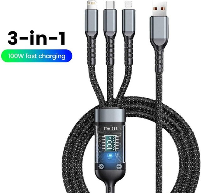ZJM Mall 3 in 1 Schnellladekabel 100W mit USB-C, Micro-USB und Lightning, Länge: 1,2 m, Schwarz - Bild 1