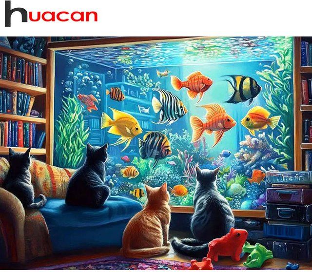 Huacan Diamond Painting Set Katze und Fisch in Multicolor, Wandbild mit Strasssteinen, B/H: 30,0 x 20,0 cm - Bild 1