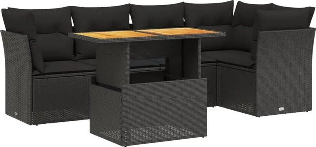 vidaXL 5-teilige Garten-Sofagarnitur in L-Form aus Polyrattan und Akazienholz mit Kissen in Schwarz - Bild 1