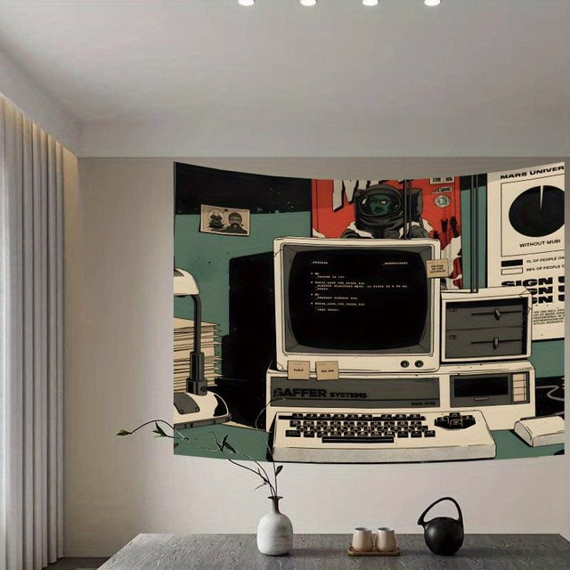 VIKAMA Wandteppich mit antikem Cartoon-Computer-Design und Tiermotiv in Multicolour, Retro-Illustration für deine Party-Dekoration - Bild 1