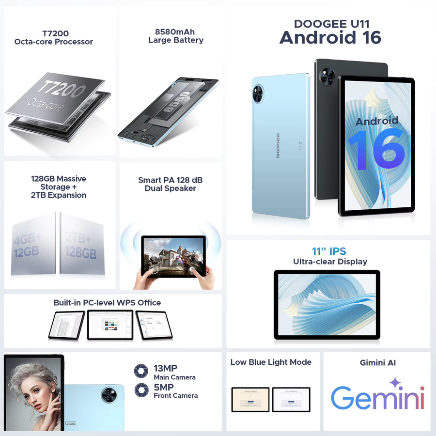 DOOGEE U11 Android 16 Tablet Blau mit 11 Zoll Ultra-Klar 90Hz Display, 4GB RAM, 128GB ROM und 8580mAh Akku - Bild 2