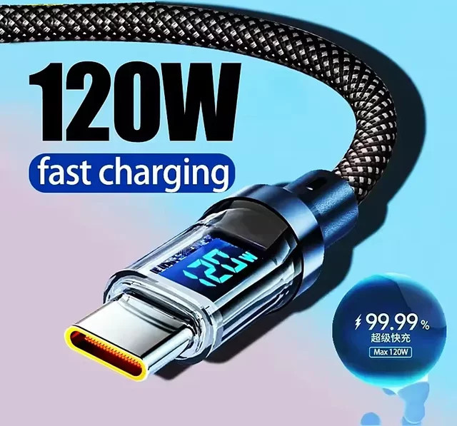 USB-A auf USB-C Schnellladekabel mit 120 W Leistung und LED-Digitalanzeige in Schwarz - Bild 1