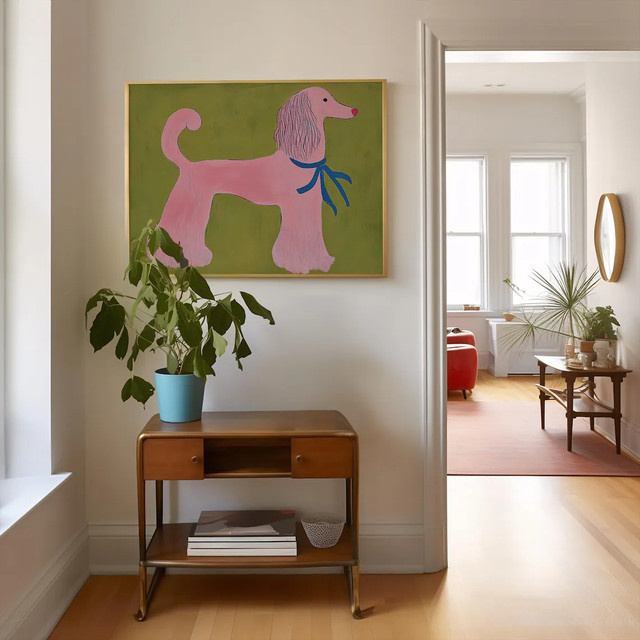 Artwo Rosa Pudel-Wandkunstdruck im Mid-Century Stil als farbenfrohe Tierillustration - Bild 1