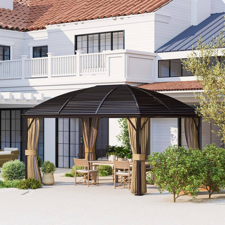 Outsunny Gartenpavillon mit Hardtop aus Aluminium in Braun, wetterfester Pavillon mit Moskitonetz und Seitenteilen, B/T/H: 400 x 300 x 298 cm - Bild 4