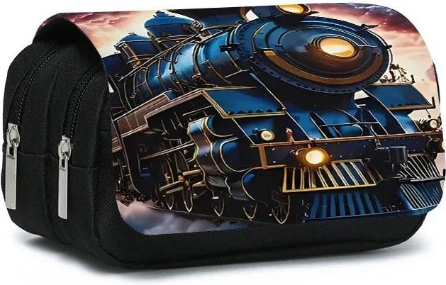 Doppellagiges Klapp-Federmäppchen mit Lokomotivmuster von Fancy Style Studio in Schwarz und Blau - Bild 1