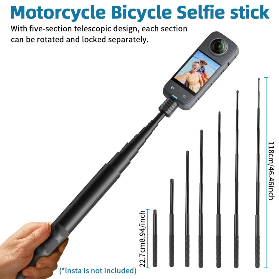 Erchang Motorrad-Montagesatz mit Doppelklemm-Lenker-Selfie-Stick für Insta360 X5 X4 X3 X2 RS und DJI GoPro, Schwarz - Bild 2
