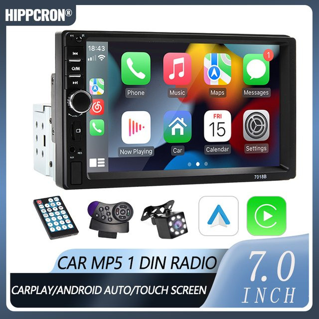 Hippcron 7 Zoll 1 DIN Autoradio mit HD-Touchscreen, Carplay, Android Auto, Bluetooth und MirrorLink in Schwarz - Bild 1