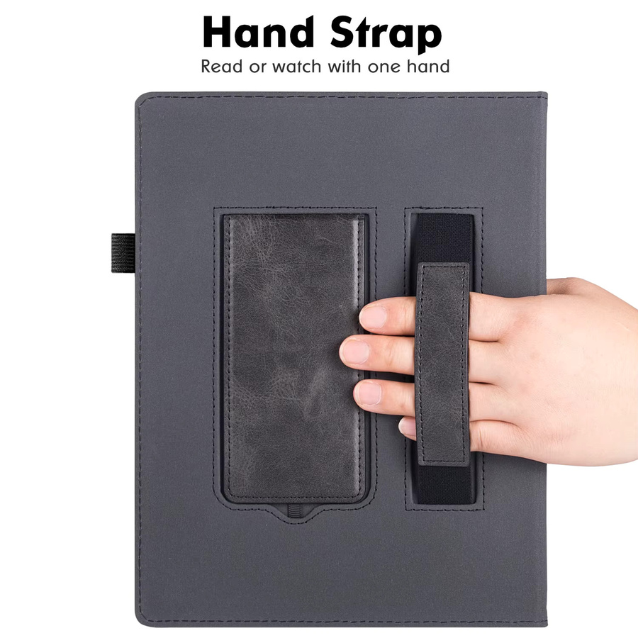 Bozhuorui Tablet Hülle für 10,3 Zoll in Schwarz mit integriertem Ständer, Handschlaufe und Stifthalter aus veganem PU-Leder - Bild 3