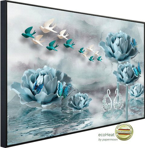papermoon EcoHeat Infrarotheizung mit Blumen und Vögeln in Weiss und Blau mit Matt-Effekt, App-Steuerung und Überhitzungsschutz - Bild 1