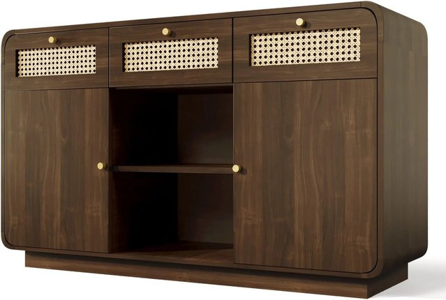 okwish Kommode mit Rattan und goldenen Griffen in Braun, B/T/H: 120 x 40 x 85 cm - Bild 1
