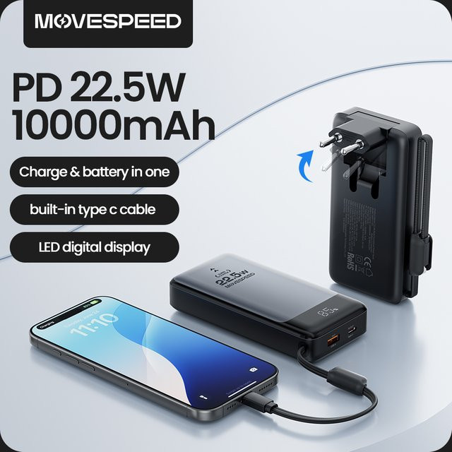 MOVESPEED MSP17 Power Bank 10000 mAh 22,5 W Tragbares Schnellladegerät mit klappbarem EU-Stecker in Schwarz - Bild 1