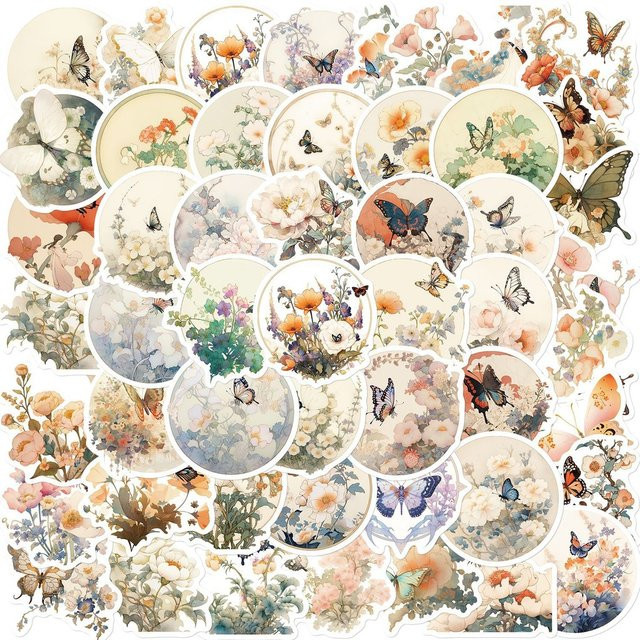 50-teiliges Set Cartoon-Vintage Schmetterlings- und Blumen-Aufkleber von Anime Worlds Store in Multicolour für DIY-Dekoration - Bild 1