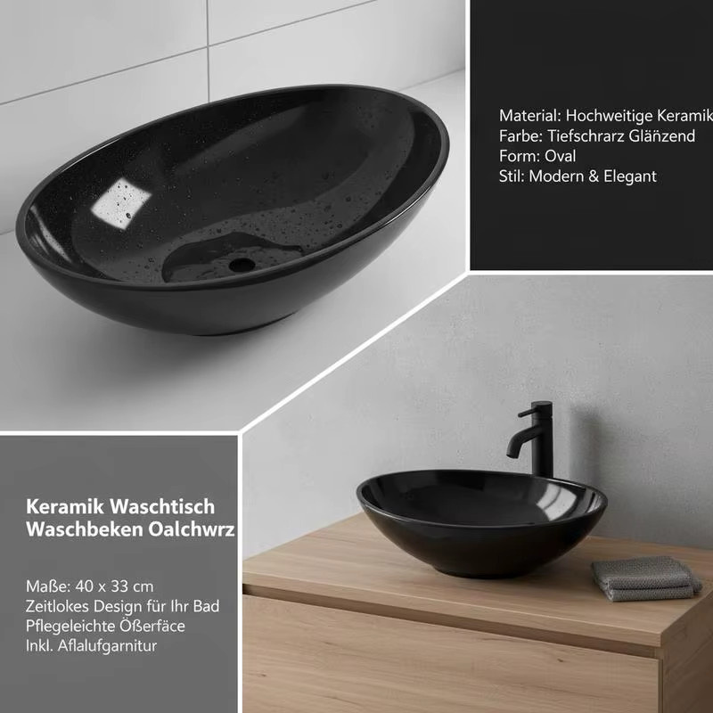Ovales Keramik-Aufsatzwaschbecken in Schwarz für dein Badezimmer, Breite: 40 cm, Tiefe: 33 cm - Bild 3