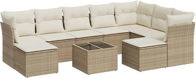 vidaXL 10-tlg. Garten-Sofagarnitur in L-Form aus Polyrattan und pulverbeschichtetem Stahl mit Kissen in Beige und Cremeweiß - Bild 1