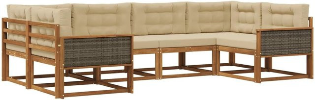 vidaXL Outdoor-Sofagarnitur in L-Form aus massivem Akazienholz mit Kissen, Farbe Natur-Beige und Braun - Bild 1