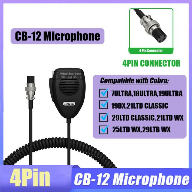 RONGYIN CB-12 Mikrofon mit 4-Pin-Anschluss in Schwarz für Amateurfunk und mobile CB-Funkgeräte wie Cobra 25 LTD, WX 7 ULTRA, 18 ULTRA, 19 DX und PPT-Lautsprecher - Bild 1