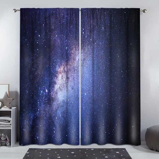 2er-Set Yiran Furniture Vorhang mit Weltraum-Astronauten-Muster in Blau, halbtransparent und waschbar, B: 50 cm, H: 130 cm - Bild 1
