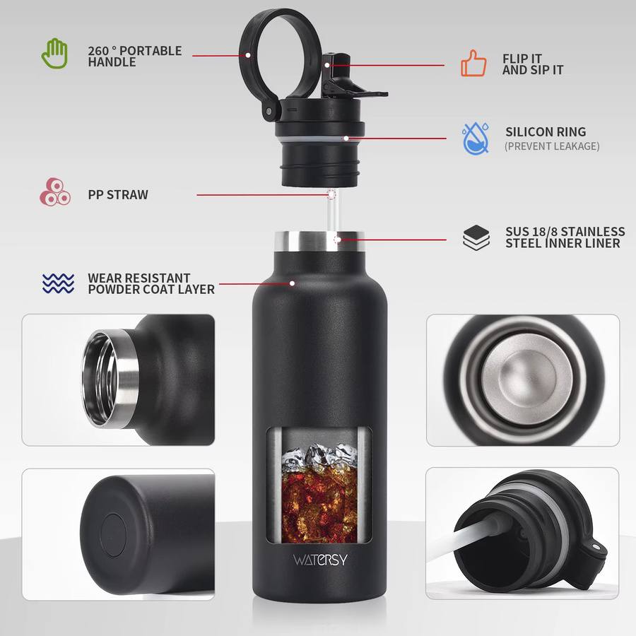 WATERSY Edelstahl Thermoflasche mit Strohhalm, Vakuum-Isolierflasche für Heiß- und Kaltgetränke, Blau, 500 ml - Bild 3