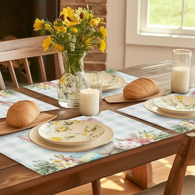 VIKAMA Oster-Tischset 4-teilig aus Leinen mit Hasen, Eiern und Blumenmuster in Mehrfarbig - Bild 1