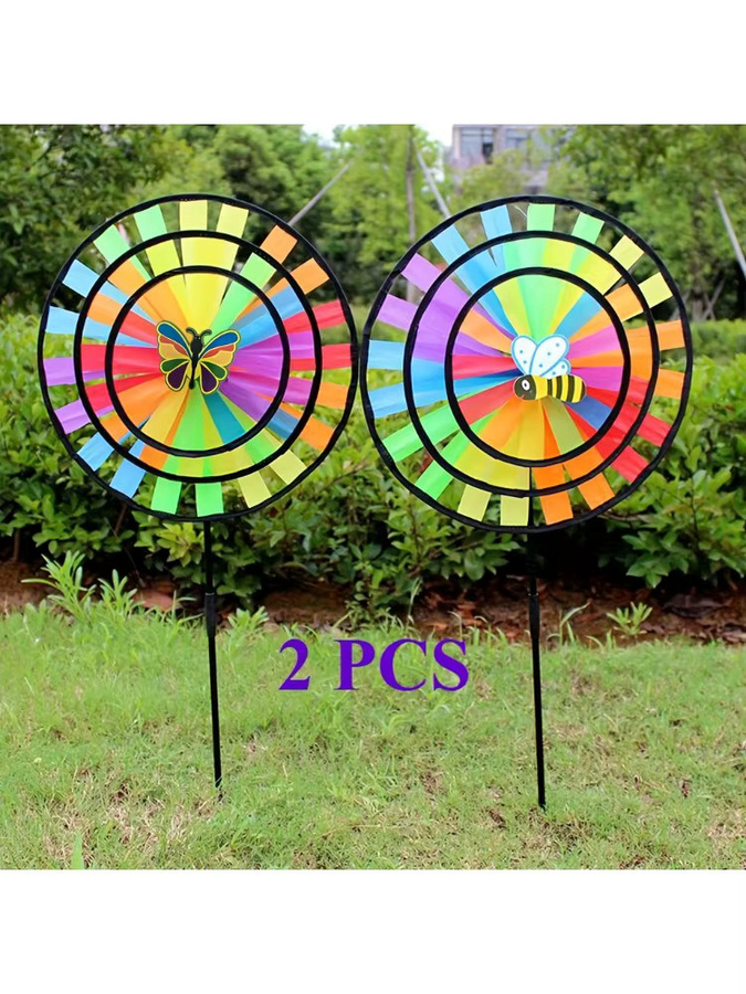 2er-Set Windspinner aus Metall mit Schmetterling und Biene in Regenbogenfarben, glitzerndes Windrad für den Garten, Höhe: 34 cm - Bild 3