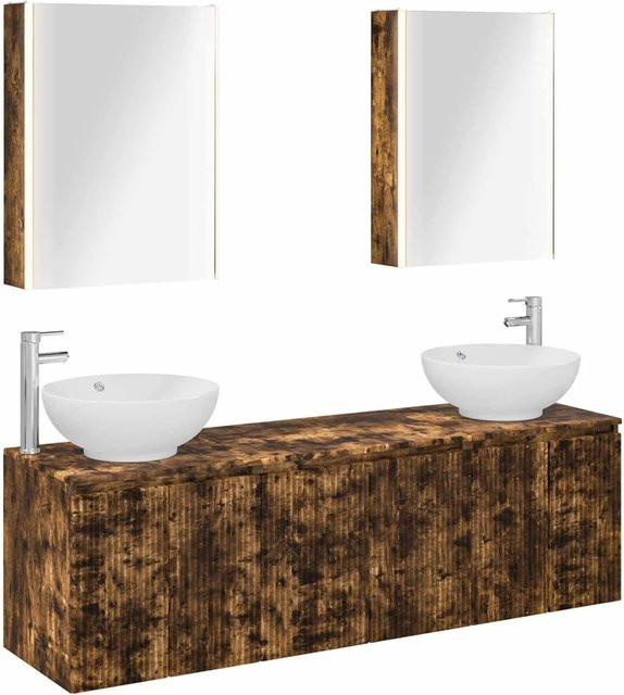 vidaXL Badezimmerschrank-Set aus Holz in Geräucherte Eiche, 5-teiliges modernes Set mit Waschtischunterschrank und Spiegelschrank mit LED-Beleuchtung, Braun Matt - Bild 1