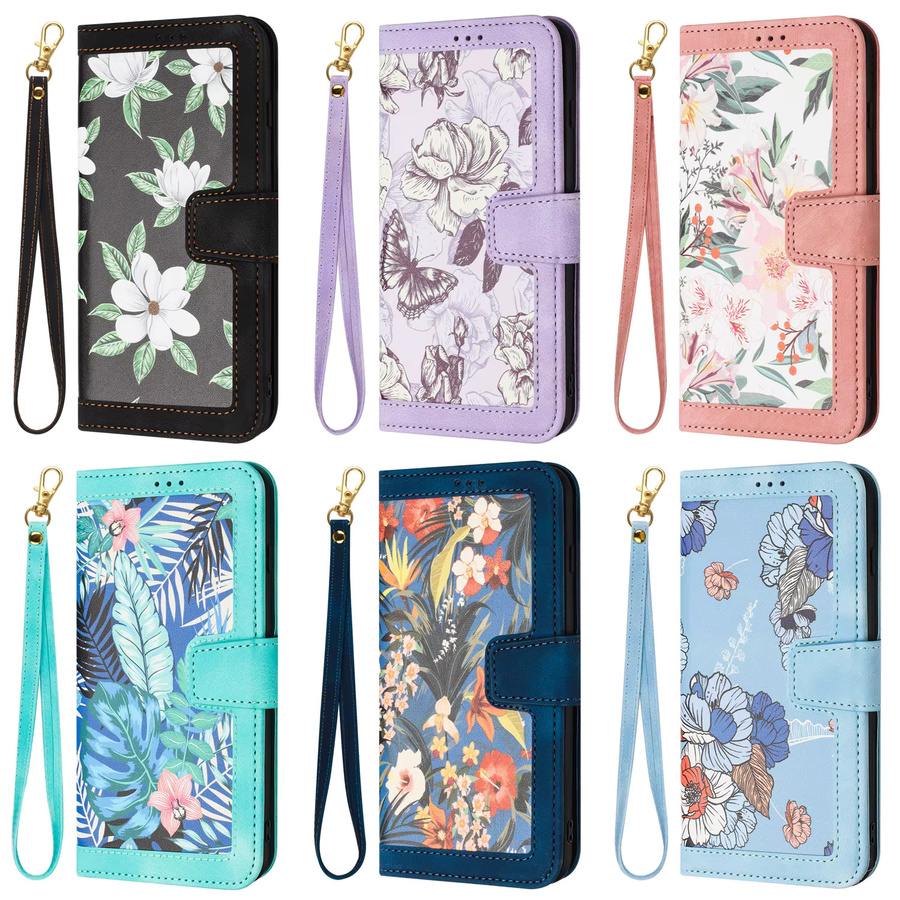 Leder-Handyhülle mit Blumen-Kunstmotiv für Samsung Galaxy S25 S24 S23 S22 S21 S20 FE A06 A16 A26 A36 A56 in Schwarz und Mehrfarbig - Bild 5