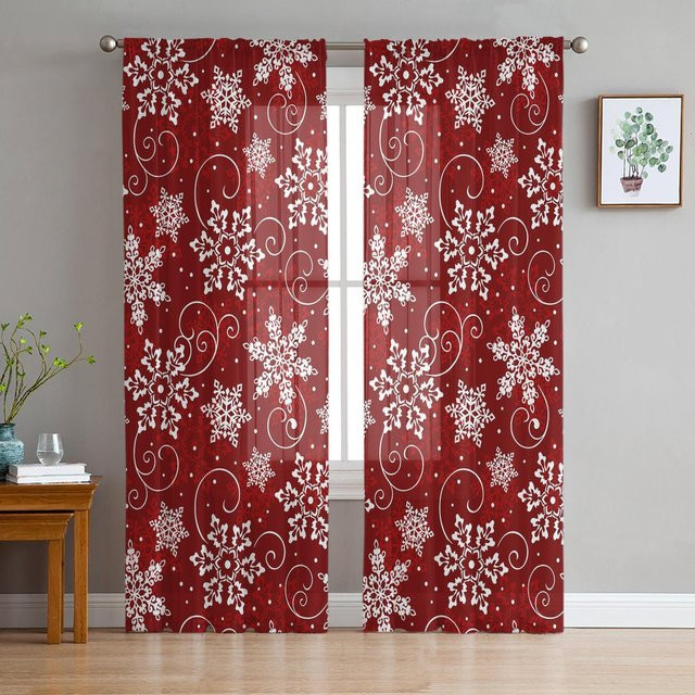 Transparente Weihnachts-Vorhänge mit Schneeflocken-Textur aus Organza-Tüll in Rot und Braun, Breite: 135 cm, Höhe: 115 cm - Bild 1