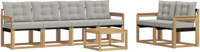 vidaXL Outdoor-Sofagarnitur 7-teilig aus Akazienholz und Textilene in Weiß-Hellgrau mit Kissen und Tisch - Bild 1