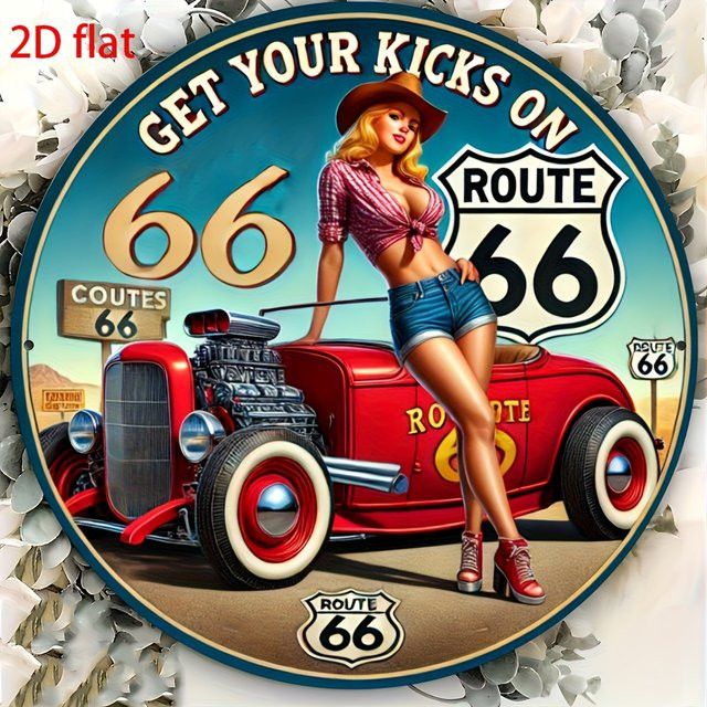 Vintage Route 66 Aluminium-Wandschild von CIFBUY mit Auto und roten Rosen, B/B/B: 20,3 x 20,3 x 0,1 cm - Bild 1