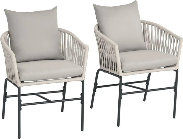 Outsunny Gartenstuhl 2er-Set im Boho-Look mit Armlehnen und Kissen, Beige/Grau, B/T/H: 60 x 57 x 71 cm - Bild 1