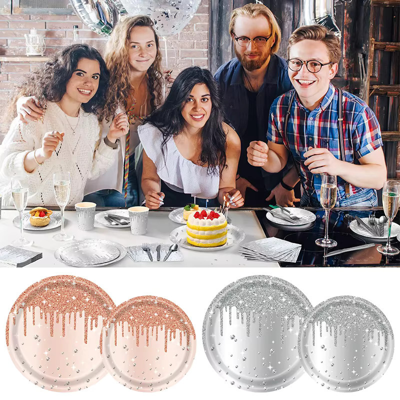 Luxuriöses Einweg-Papiergeschirr-Set in Roségold mit Glitzer-Effekt inklusive Tassen und Servietten für Hochzeiten und Geburtstage - Bild 2