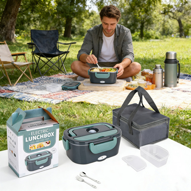WUIETI 2-in-1 Elektrische Lunchbox 60W Tragbarer Edelstahl-Speisenwärmer für Zuhause und Auto in Silber - Bild 1